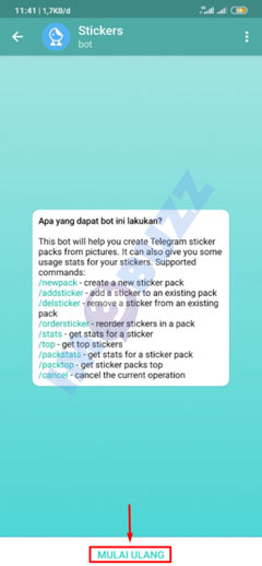 4 tap mulai pada obrolan dengan bot stiker telegram