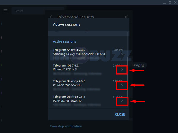 6 klik tanda silang untuk logout telegram web di semua perangkat 