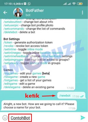 ketik new bot dan namai bot