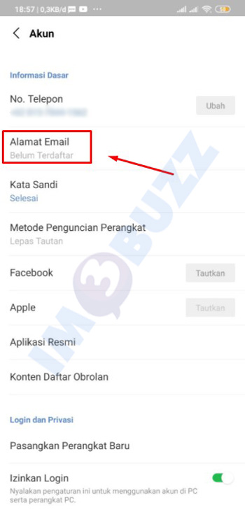 klik email untuk tautan LINE