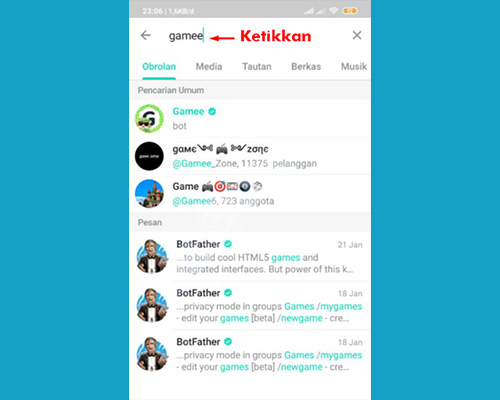 3. ketikkan game di Telegram