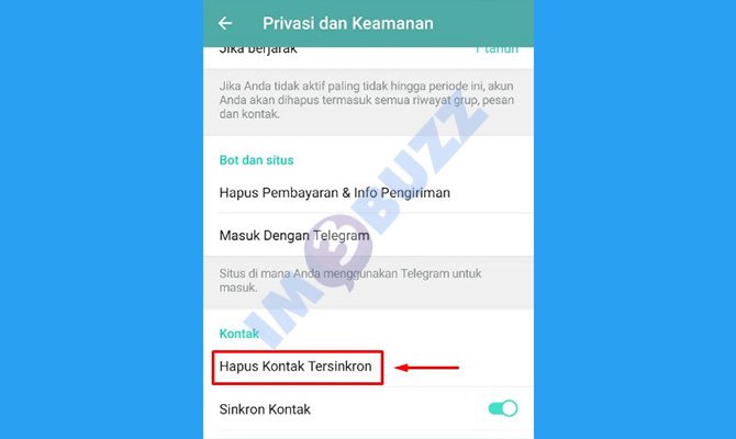 15. ketuk hapus kontak tersinkron agar Telegram tidak tersambung dengan kontak HP