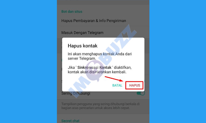 16. tap hapus agar Telegram tidak tersambung dengan kontak HP