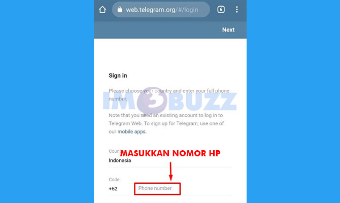 4. masukkan nomor hp untuk login telegram web di hp