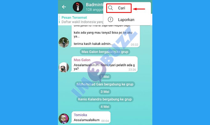 4. pilih menu cari untuk mengetahui obrolan teman di grup