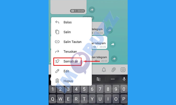 4. pilih sematkan pesan di channel telegram