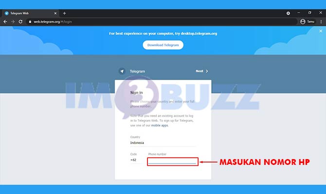 4. tulis nomor hp di telegram web laptop