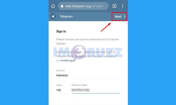 5. ketuk next untuk login telegram web di hp