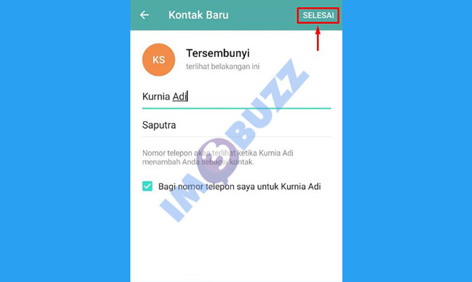 7. ketuk selesai untuk menyimpan kontak ke telegram