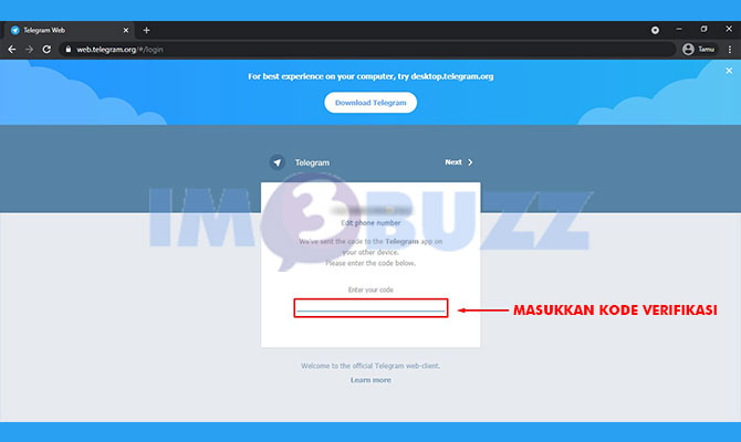 7. masukkan kode verifikasi telegram web di laptop