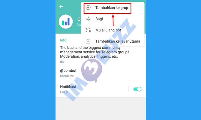 7. pilih tambahkan ke grup untuk menambahkan bot