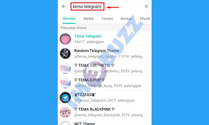 3. ketik nama channel tema telegram