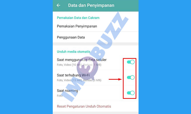 5. matikan semua fitur unduh atau download media otomatis di obrolan, grup dan channel