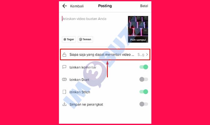 Ketuk Opsi Pengaturan Posting Video
