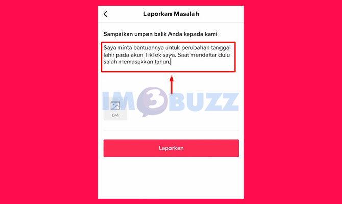 Masukkan Pesan Feedback Untuk Meminta Bantuan Mengganti Tanggal Lahir di TikTok