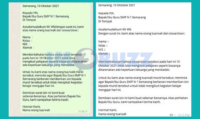 Contoh Surat Tidak Masuk Kelas di WA Karena Kepentingan Keluarga