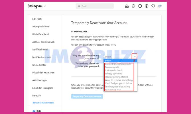 Pilih Alasan Menghapus Akun Instagram
