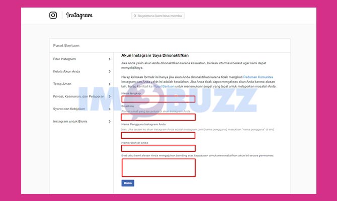 Masukkan Informasi Banding Instagram