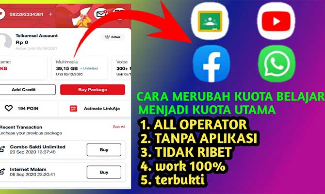 Cara Mengubah Kuota Belajar Menjadi Kuota Utama Telkomsel Tanpa Aplikasi